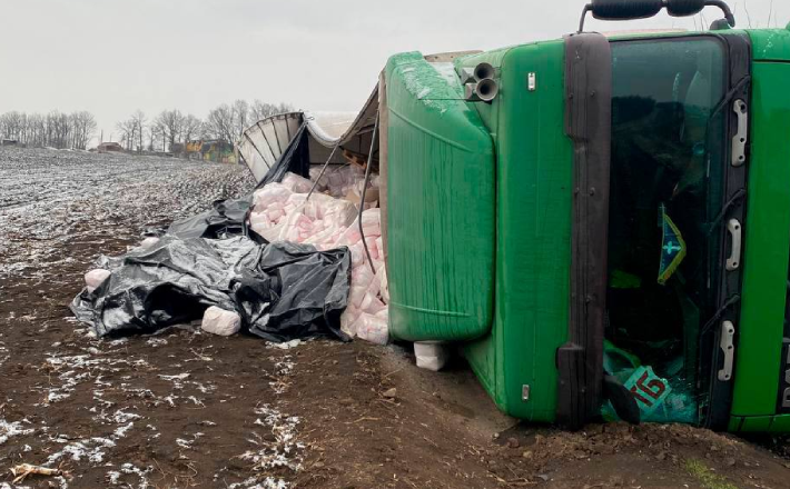 Розірвалося переднє колесо: на Черкащині вантажівка зʼїхала у кювет